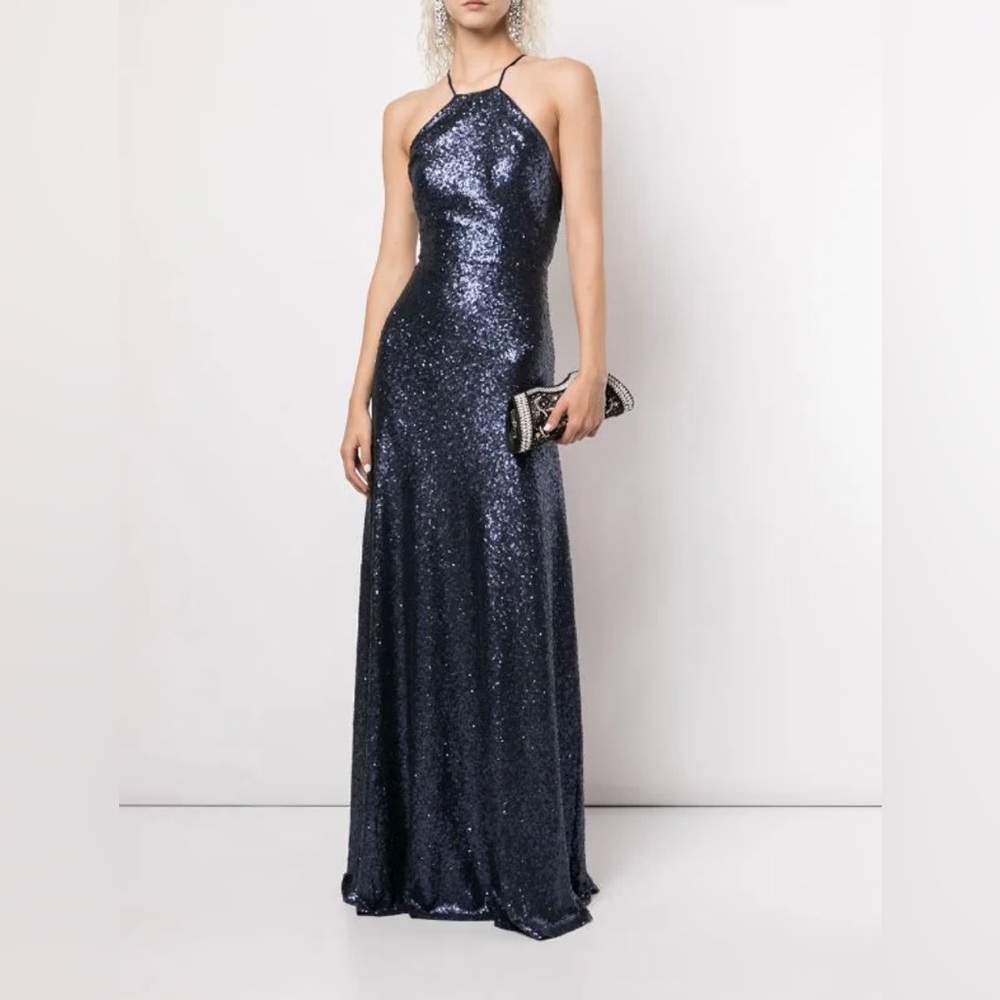 Marchesa Notte NEW Sequined Halter Neck Fitted Gown With Back Cut Out In Navy 10